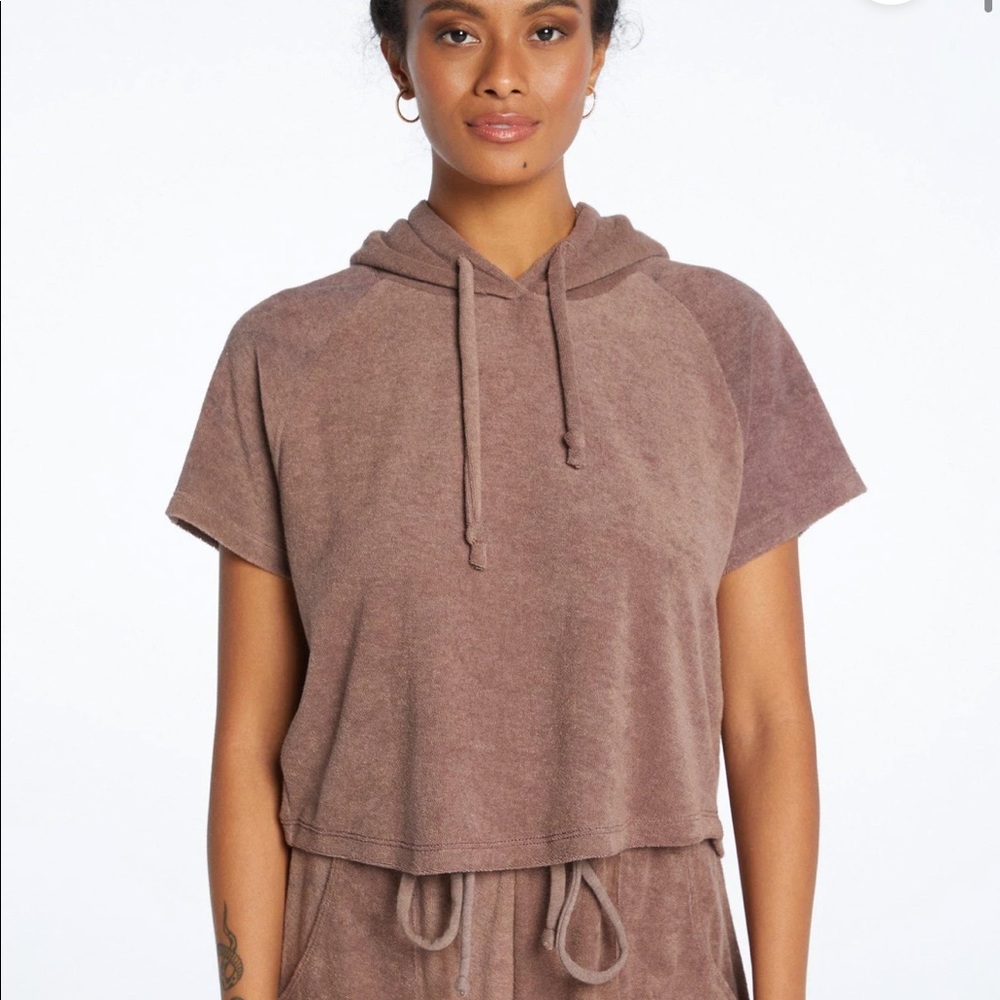 NWT Years Of Ours POOLSIDE HOODIE coconut short sleeve terry cloth brown small